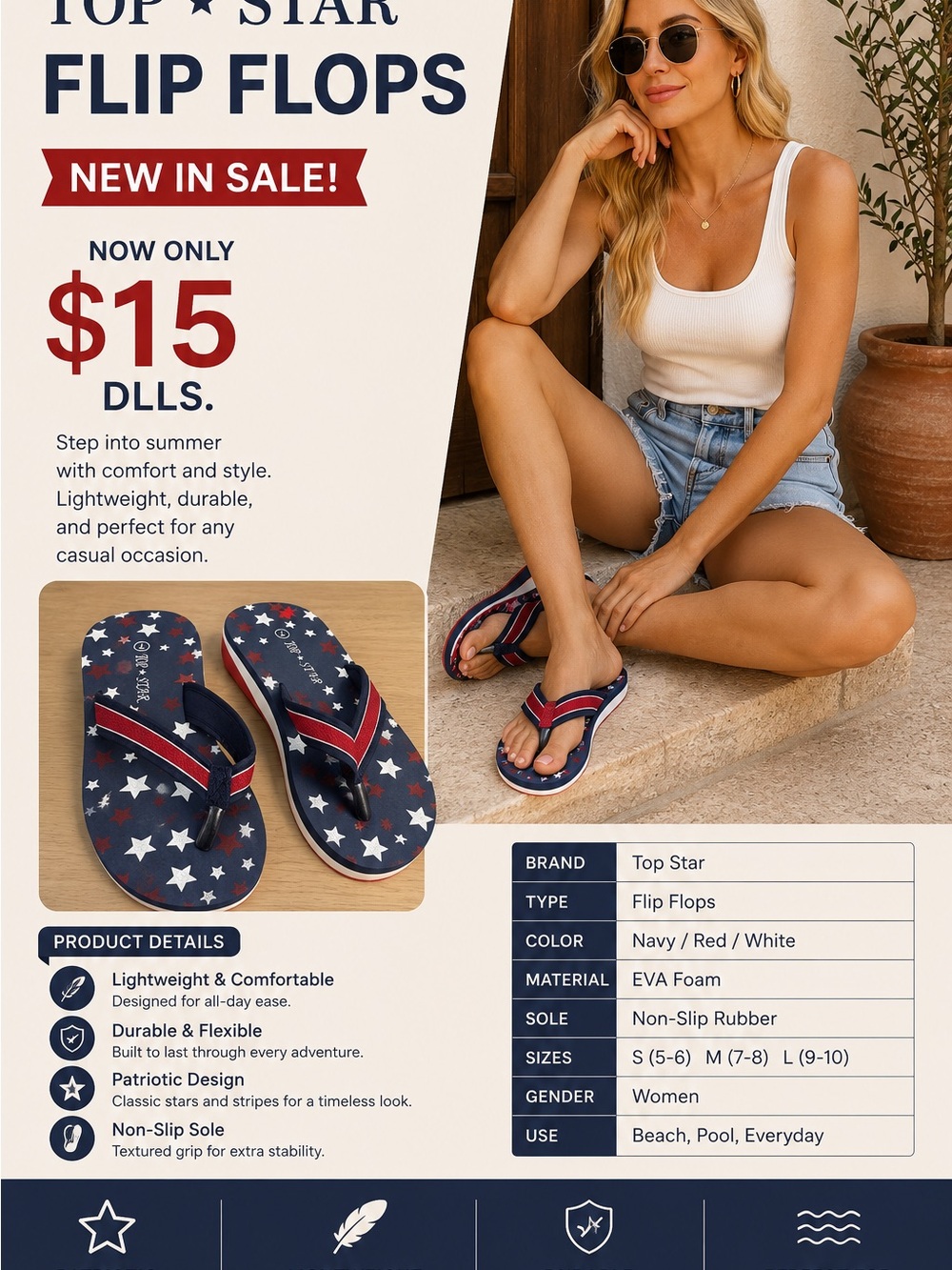 Top Star Navy Red White Patriotic Flip Flops